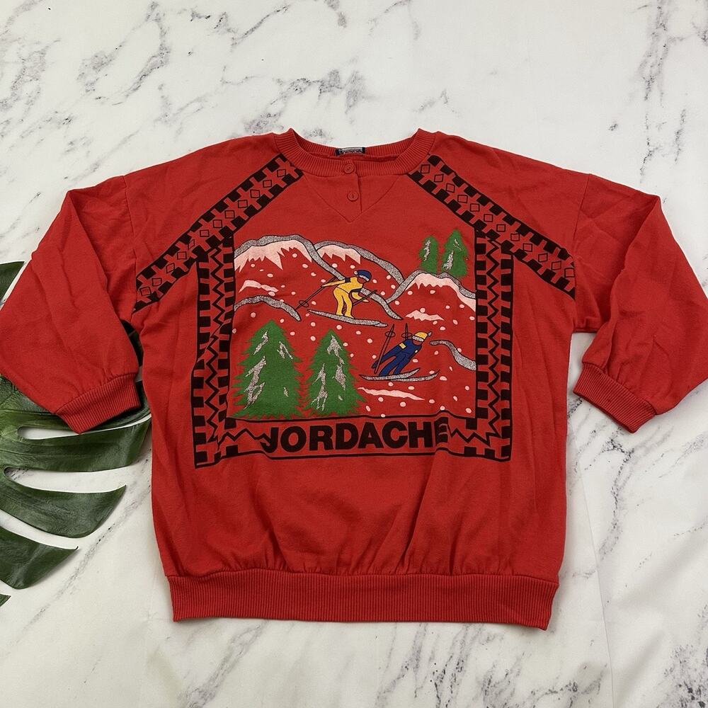 Jordache Womens Vintage 80s Pullover Sweatshirt Size XL Red Ski Skiers Glitter